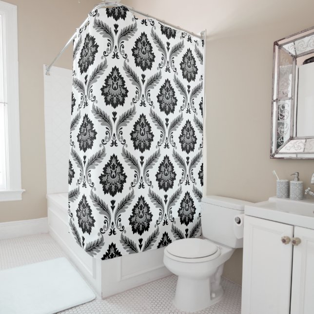 Rideaux De Douche Motif Damassé Rococo Gris Noir Blanc (En situation)