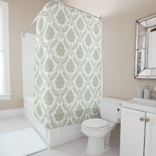 Rideaux De Douche Motif Damassé Rococo Vert sur Crème