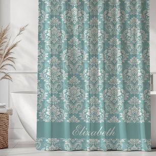 Rideaux De Douche Motif Damassé Vintage Monogramme Nom Turquoise