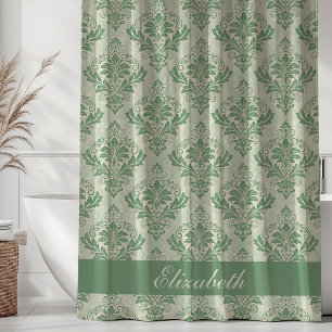 Rideaux De Douche Motif Damassé Vintage Monogramme Nom Vert