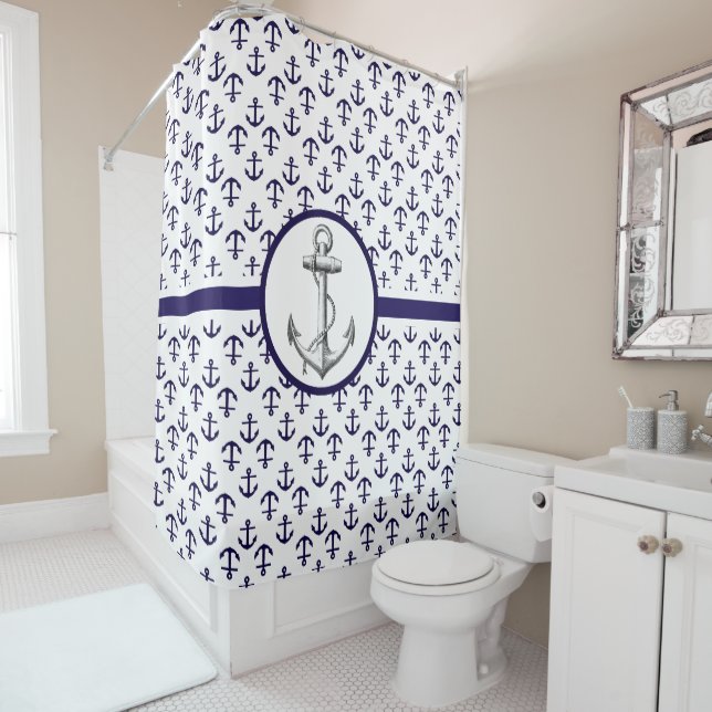 Rideaux De Douche Motif d'ancre bleue thème nautique (En situation)