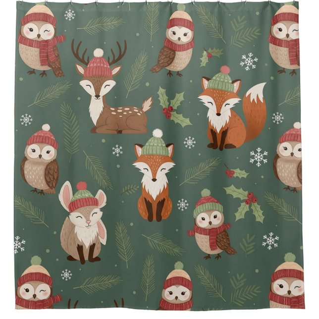 Rideaux De Douche Motif d'animaux de Noël en bois rustique (Devant)