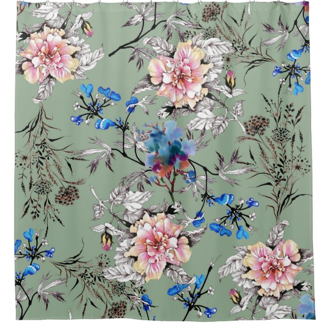 Rideaux De Douche Motif d'aquarelle Arrière - plan vert. (Devant)