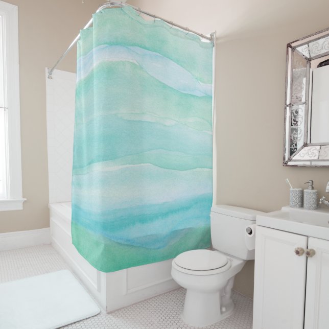 Rideaux De Douche Motif d'aquarelle Blue Green Ocean Layers (En situation)