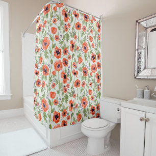 Rideaux De Douche Motif d'aquarelle des fleurs de pavot rouge orange