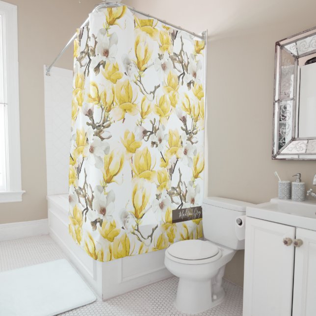 Rideaux De Douche Motif d'aquarelle jaune et blanc Magnolia Blossom (En situation)