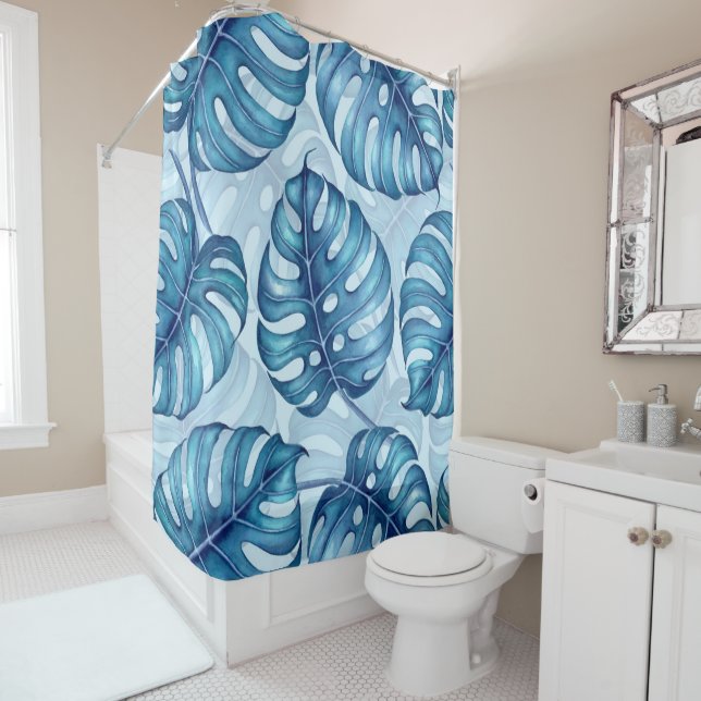 Rideaux De Douche Motif d'aquarelle Monstera bleu (En situation)