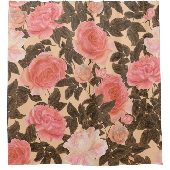 Rideaux De Douche motif d'aquarelle rose pêche vintage. (Devant)