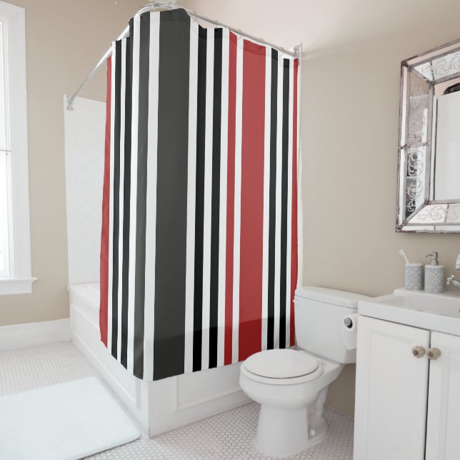 Rideaux De Douche Motif de bandes verticales gris-noir rouge (En situation)