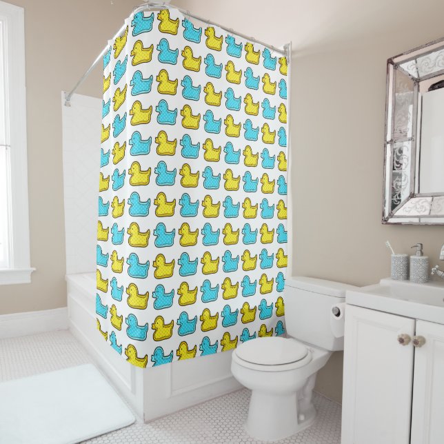 Rideaux De Douche Motif de canard jaune et bleu (En situation)