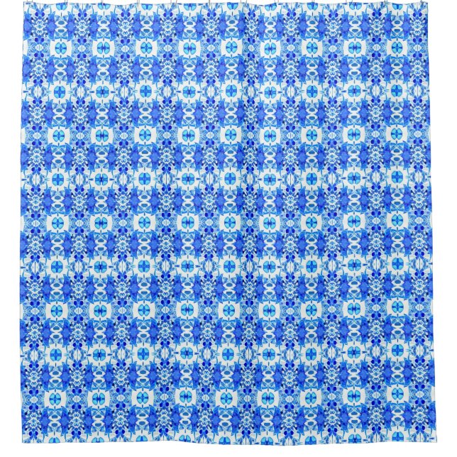 Rideaux De Douche Motif de carreau en batik bleu cobalt et blanc  (Devant)