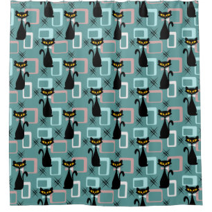 Rideaux De Douche Motif de chat noir du milieu du siècle