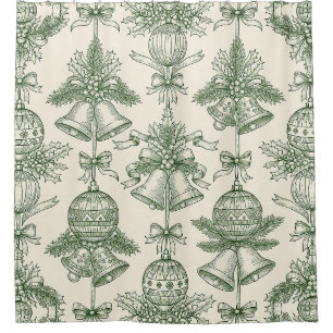 Rideaux De Douche Motif de cloches et d'ornements de Noël Toile Vert
