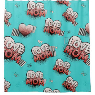 Rideaux De Douche Motif de cœurs MAMAN Pop Art Turquoise