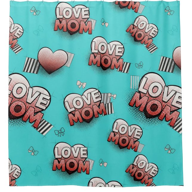 Rideaux De Douche Motif de cœurs MAMAN Pop Art Turquoise (Devant)