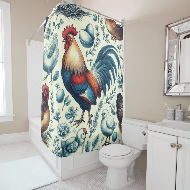Rideaux De Douche Motif de coq de ferme Retro (En situation)