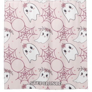 Rideaux De Douche Motif de fantôme Halloween rose pastel Kawaii