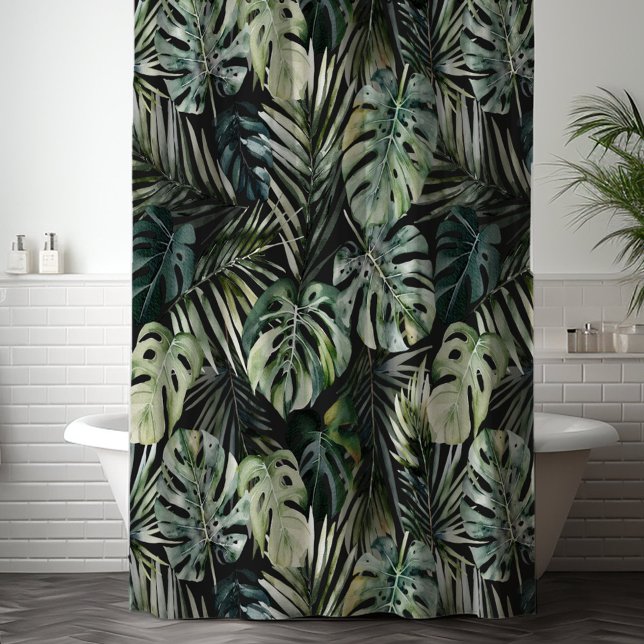 Rideaux De Douche Motif de feuilles de forêt tropicale vert aquarell (In situ)