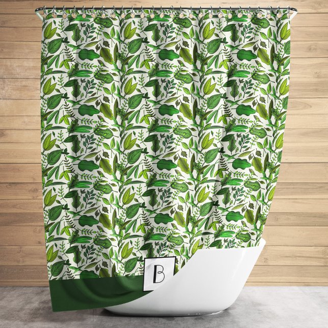 Rideaux De Douche Motif de feuilles vertes à monogramme élégant (Elegant Monogram Green Leaves Pattern Shower Curtain)