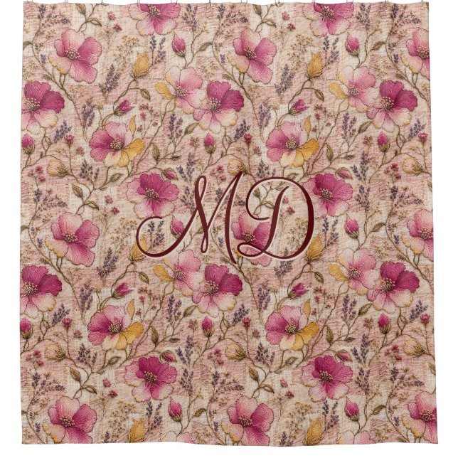Rideaux De Douche Motif de fleur botanique Rose Chic (Devant)