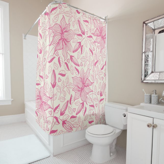 Rideaux De Douche Motif de fleur rose élégant (En situation)