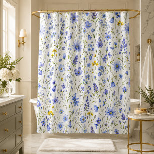 Rideaux De Douche Motif de fleur sauvage à l'aquarelle bleu jaune ve