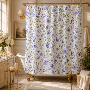 Rideaux De Douche Motif de fleur sauvage à l'aquarelle bleu violet j