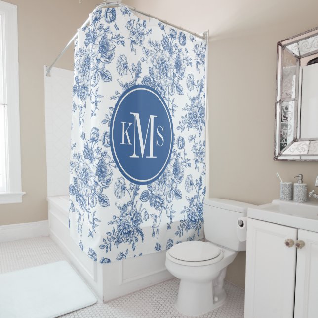 Rideaux De Douche Motif de fleurs bleues (En situation)