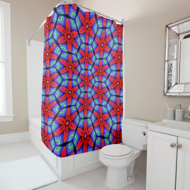 Rideaux De Douche Motif de Fleurs de tissus rouges (En situation)
