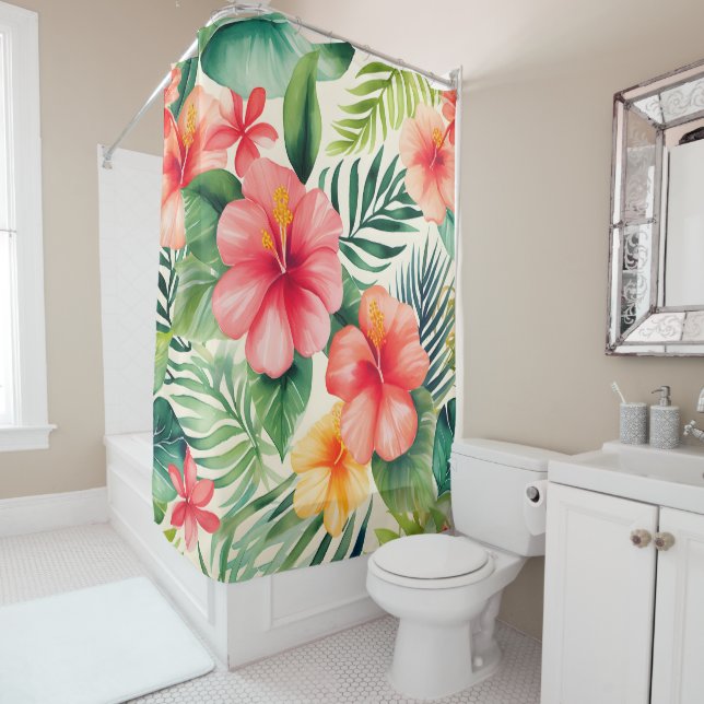 Rideaux De Douche Motif de fleurs d'hibiscus tropicaux (En situation)