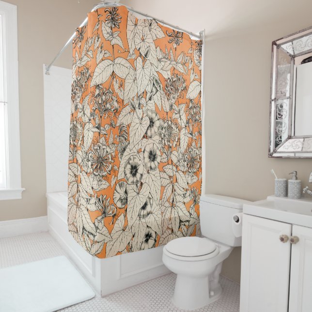 Rideaux De Douche Motif de fleurs graphiques blanches orange (En situation)