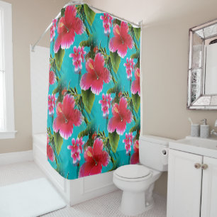 Rideaux De Douche Motif de fleurs hawaïen de ketmie de turquoise
