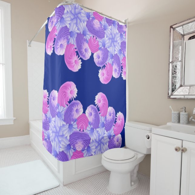 Rideaux De Douche Motif de fleurs rose, violet et bleu (En situation)