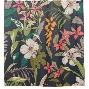 Rideaux De Douche Motif de fleurs tropicales sans joint arrière - pl