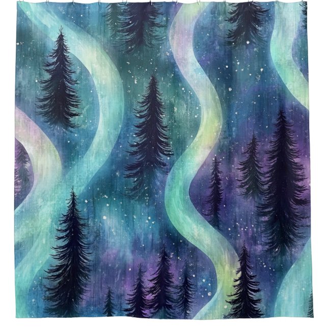 Rideaux De Douche Motif de forêt aurorale à l'aquarelle (Devant)