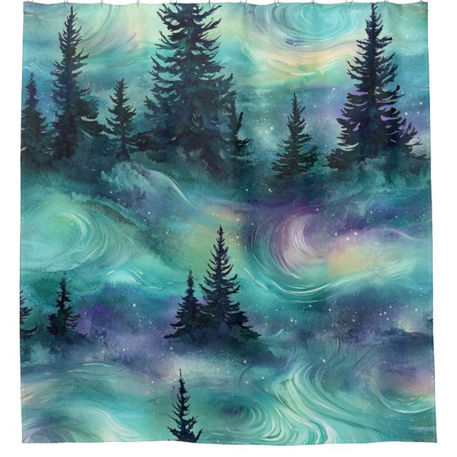 Rideaux De Douche Motif de forêt aurorale rustique (Devant)