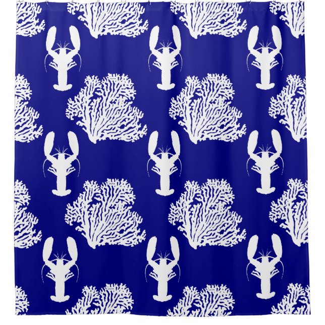 Rideaux De Douche Motif de homard blanc bleu côtier (Devant)