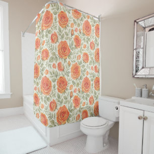 Rideaux De Douche Motif de jardin Rose Corail et Sauge