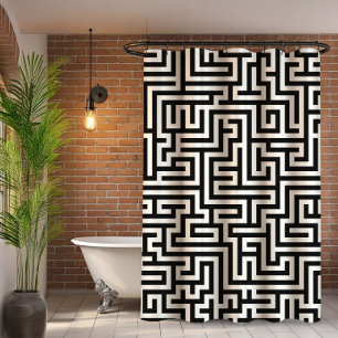 Rideaux De Douche Motif de labyrinthe géométrique noir sur blanc