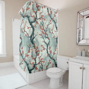 Rideaux De Douche Motif de lavis à l'encre de prunier rouge sauge ve