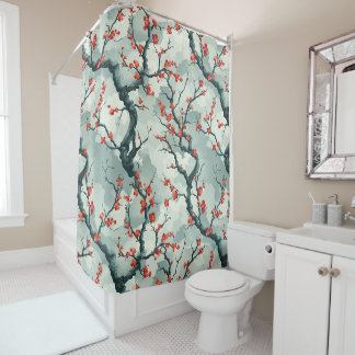 Rideaux De Douche Motif de lavis à l'encre de prunier rouge sauge ve