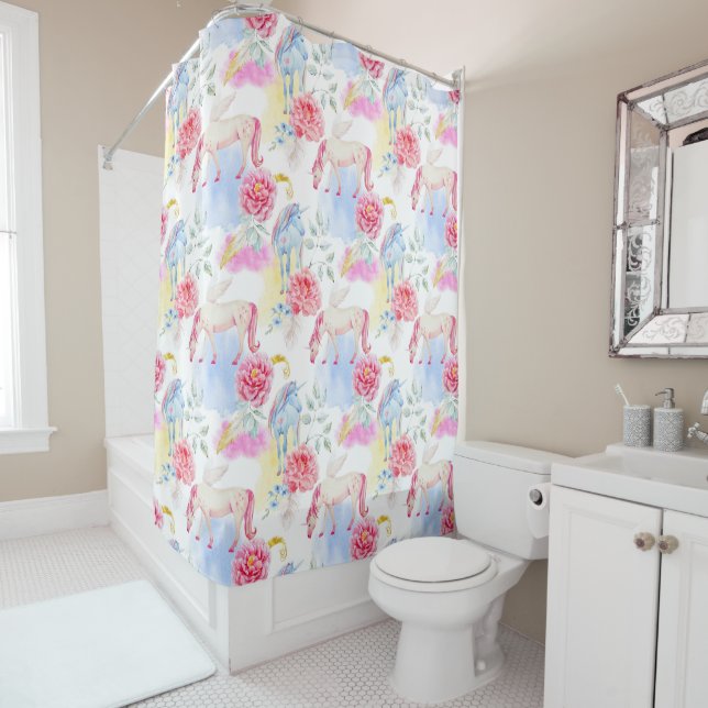 Rideaux De Douche Motif de licorne et de Pegasus d'aquarelle (En situation)