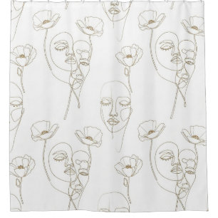 Rideaux De Douche Motif de ligne de visage floral vintage noir et bl