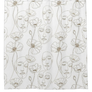 Rideaux De Douche Motif de ligne de visages floraux vintage noir et
