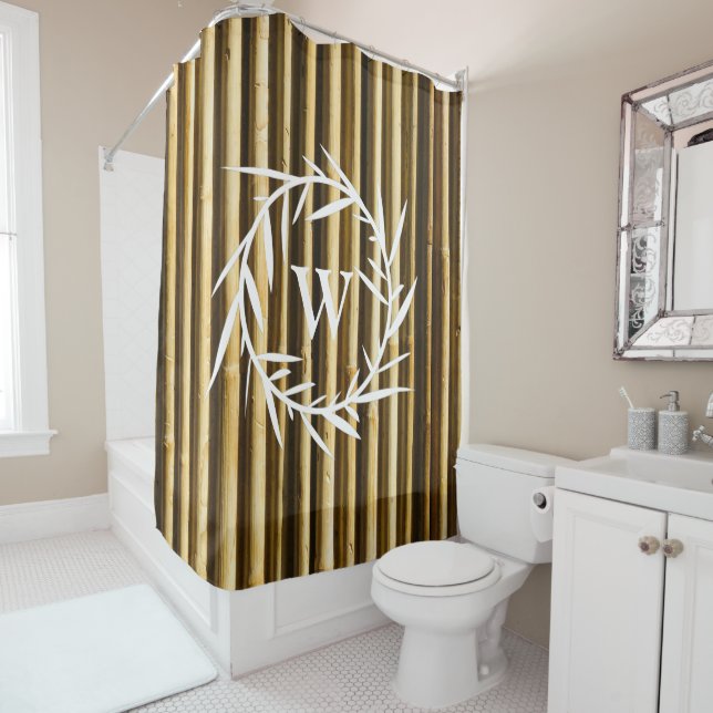 Rideaux De Douche Motif de lignes verticales de monogramme en bambou (En situation)