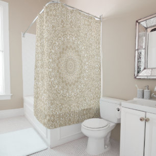 Rideaux De Douche Motif de mandala ornemental kaki et blanc