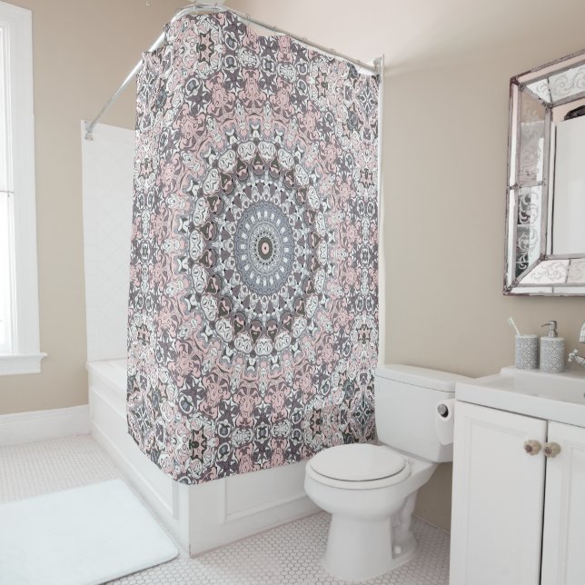 Rideaux De Douche Motif de mandala rose gris et blanc (En situation)