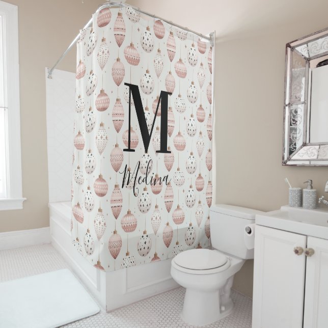 Rideaux De Douche Motif de Noël Monogramme noir Script moderne (En situation)