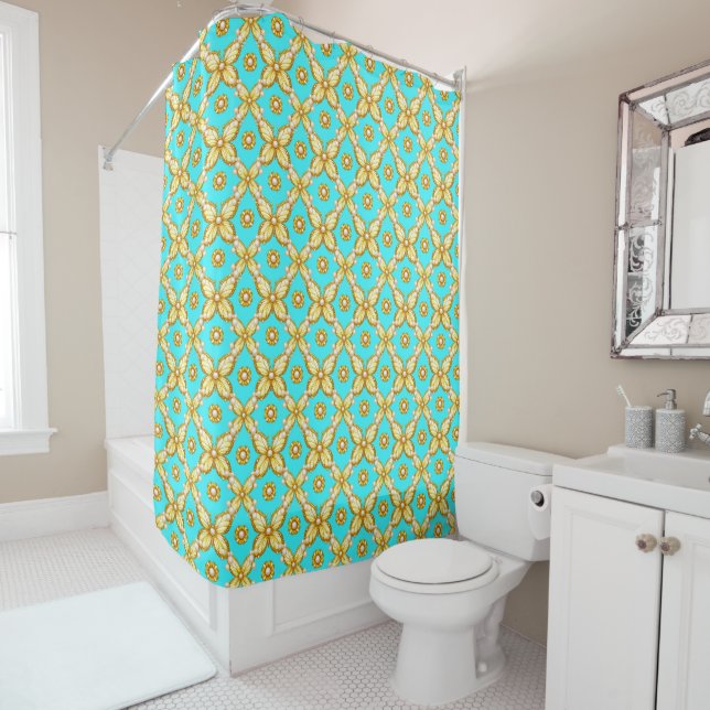 Rideaux De Douche Motif de papillon doré luxueux avec accent de perl (En situation)