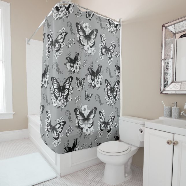 Rideaux De Douche Motif de papillon gris (En situation)
